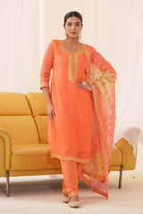 Women's Orange Fusion Regular Fit Embroidered Three Quarter Sleeves Kurtas Set