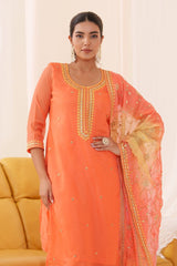 Women's Orange Fusion Regular Fit Embroidered Three Quarter Sleeves Kurtas Set