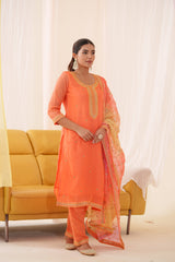 Women's Orange Fusion Regular Fit Embroidered Three Quarter Sleeves Kurtas Set