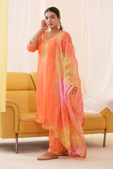 Women's Orange Fusion Regular Fit Embroidered Three Quarter Sleeves Kurtas Set