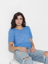 Women's Blue Knitted Casual Solid Regular Fit Half Sleeves Top