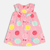 Girls Pink Casual Regular Fit Printed Sleeveless Dress