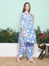 Women's Blue Ethnic Three Quarter Sleeves Kurta Set