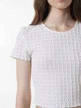 Women's White Knitted Casual Solid Cropped Half Sleeves Tshirt