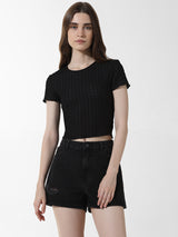 Women's Black Knitted Casual Solid Cropped Half Sleeves Tshirt