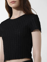 Women's Black Knitted Casual Solid Cropped Half Sleeves Tshirt