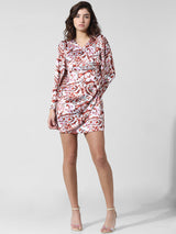 Women's White Woven Casual Printed Above Knee Full Sleeves Dress