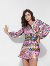 Women's Purple Woven Casual Printed Above Knee Full Sleeves Dress