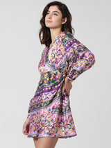 Women's Purple Woven Casual Printed Above Knee Full Sleeves Dress