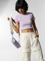 Women's Purple Knitted Casual Solid Cropped Half Sleeves Tshirt