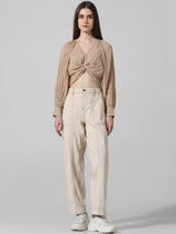Women's Beige Woven Casual Solid Cropped Full Sleeves Top