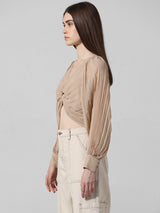 Women's Beige Woven Casual Solid Cropped Full Sleeves Top