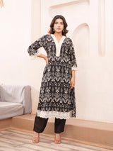 Women's Black Fusion Regular Fit Printed Three Quarter Sleeves Kurtas Sets