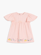 Girls Light Pink & Cream Cotton Half Sleeve Dress