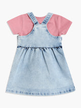 Girls Blue & Pink Cotton Half Sleeve Pinny Set