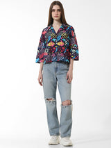 Women's Blue Woven Casual Printed Cropped Half Sleeves Shirt