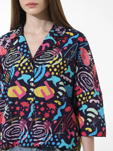 Women's Blue Woven Casual Printed Cropped Half Sleeves Shirt