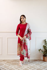 Women's Red Festive Regular Fit Embroidered Three Quarter Sleeves Kurtas Sets