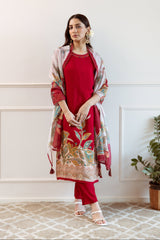 Women's Red Festive Regular Fit Embroidered Three Quarter Sleeves Kurtas Sets