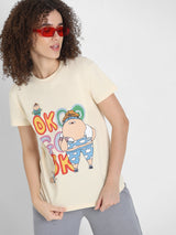 Women's Beige Knitted Casual Printed Regular Fit Half Sleeves Tshirt