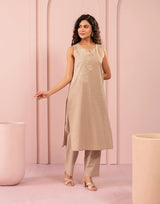 Women's Beige Fusion Regular Fit Embroidered Sleevless Kurtas Sets