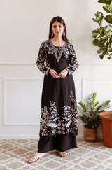 Women's Black Daily Regular Fit Printed Full Sleeves Kurtas Sets