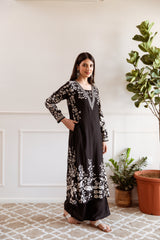 Women's Black Daily Regular Fit Printed Full Sleeves Kurtas Sets