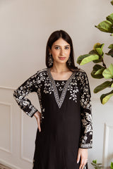 Women's Black Daily Regular Fit Printed Full Sleeves Kurtas Sets