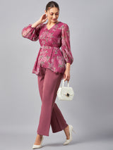 Women's Onion Pink Floral Printed V-Neck Tunic With Trousers