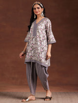 Women's Grey Floral Printed A-line Short Kurta With Printed Dhoti Pants