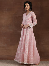 Women's Pink Motif Embroidered Panelled Kurta With Palazzo With Solid Dupatta