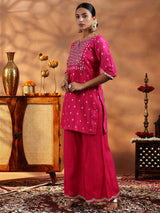 Women's Dark Pink Motif Woven Design Short Kurta With Solid Wide Leg Palazzo and Dupatta