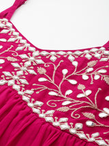 Women's Fuchsia Embroidered Anarkali Strap Kurta Paired With Tonal Dupatta