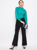 Women's Green Casual Full Sleeve High-Neck Pleated Balloon Top