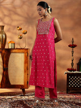 Women's Pink Motif Woven Design Sleeveless Kurta With Solid Trouser and Dupatta