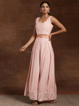 Women's Pink Solid Crop Top With Wide Leg Palazzos and Floral Short Poncho