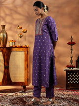 Women's Purple Ethnic Motif Kurta With Solid Trouser and Floral Printed Dupatta