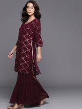 Women's Purple Georgette Mirror Work Straight Kurta and Purple Sharara With Net Dupatta