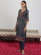 Women's Teal Blue Motif Printed Kurta With Lining and Solid Trouser With Dupatta