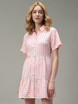 Women's Pink Casual A-Line Checked Dress