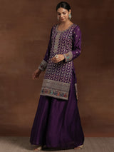 Women's Purple Ethnic Motif Zari Embellished Short Kurta With Palazzos and Dupatta
