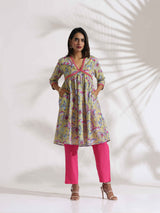 Women's Yellow Print Anarkali Kurta Co-ord Set
