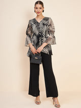 Women's Black Conversational Printed V-Neck Puff Sleeve Co-ords Set