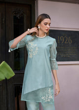 Women's Blue Work Regular Fit Embroidered Three Quarter Sleeves Co-Ord Sets