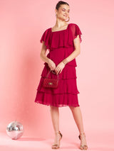 Women's Red Chiffon Gathe Or Pleated Fit & Flare Party Dress