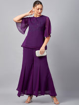 Women's Purple Sequin Embroide Top With Palazzo Co-ords Set