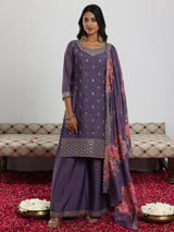 Women's Purple Floral Zari Embroidered Kurta With Palazzo and Printed Dupatta