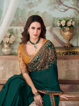 Women's Satin Silk Blue Embellished Designer Saree with Blouse Piece