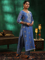 Women's Blue Leheriya Printed and Kurta With Lining & Trouser With Printed Kota Dupatta