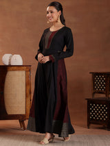 Women's Black Self Design Panelled a-line Kurta With Lining and Solid Trouser
